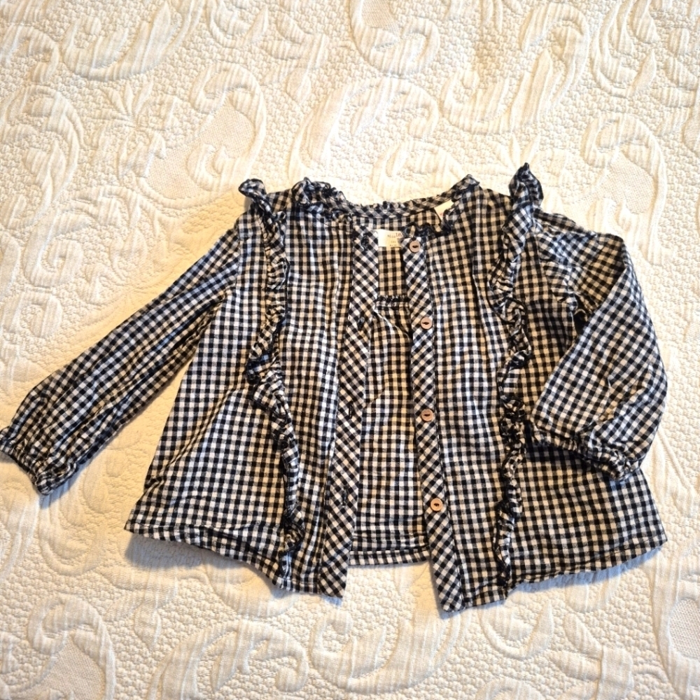 Zara girls 18-25 months blouse black & white gingham ruffle long sleeve VGUC